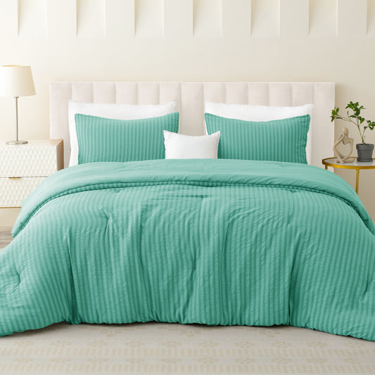 Exclusivo Mezcla 3-Piece Seersucker King Comforter Set Aqua Blue, Lightweight Soft Striped Pattern All Season Bedding Comforter sets with 2 Pillow Shams