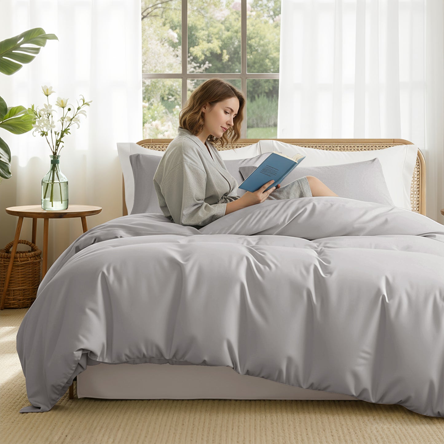 Exclusivo Mezcla King Bedding Duvet Cover Set, 3 Pieces Lightweight Comforter Cover with Pillow Shams (Light Grey)