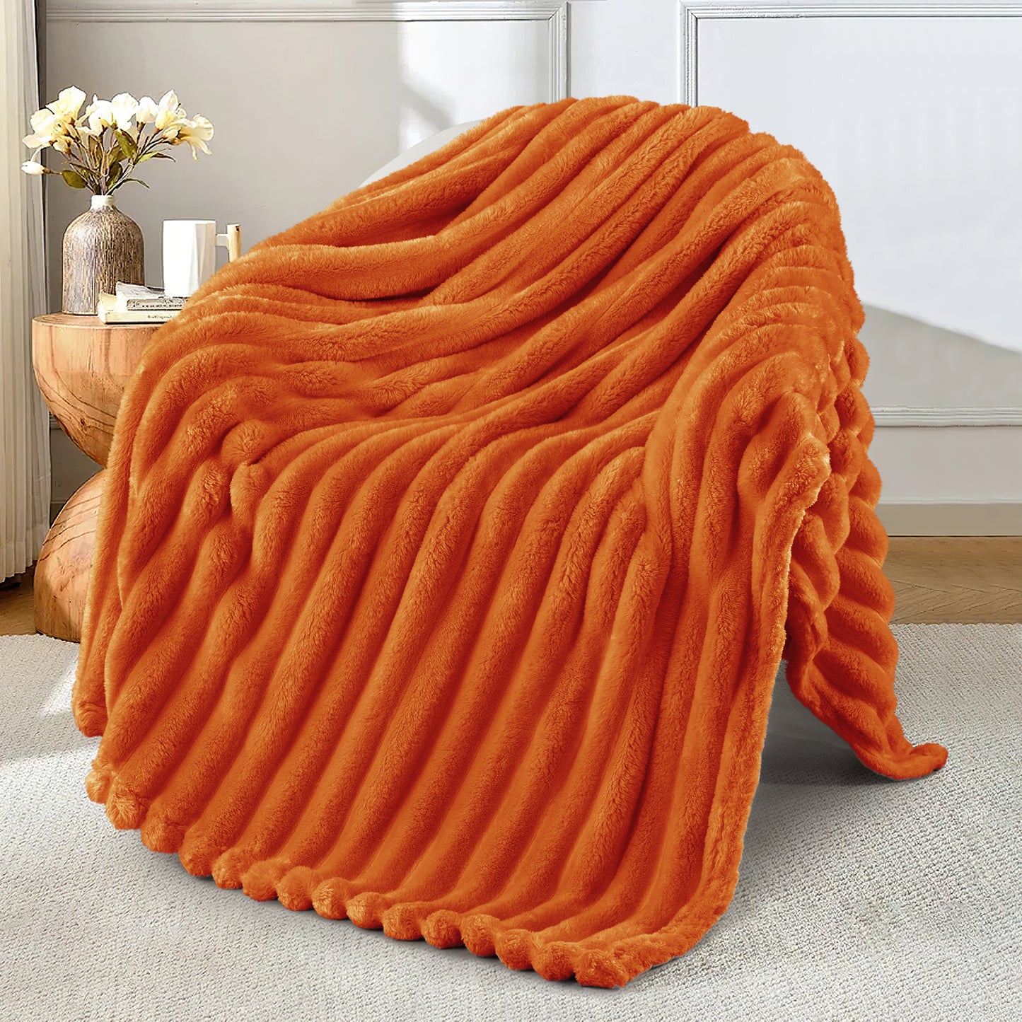 Exclusivo Mezcla Twin Size Flannel Fleece Blanket, Super Soft 3D Striped Jacquard Blanket for Bed, Lightweight Fuzzy Cozy Blankets, Burnt Orange, 60"x80"