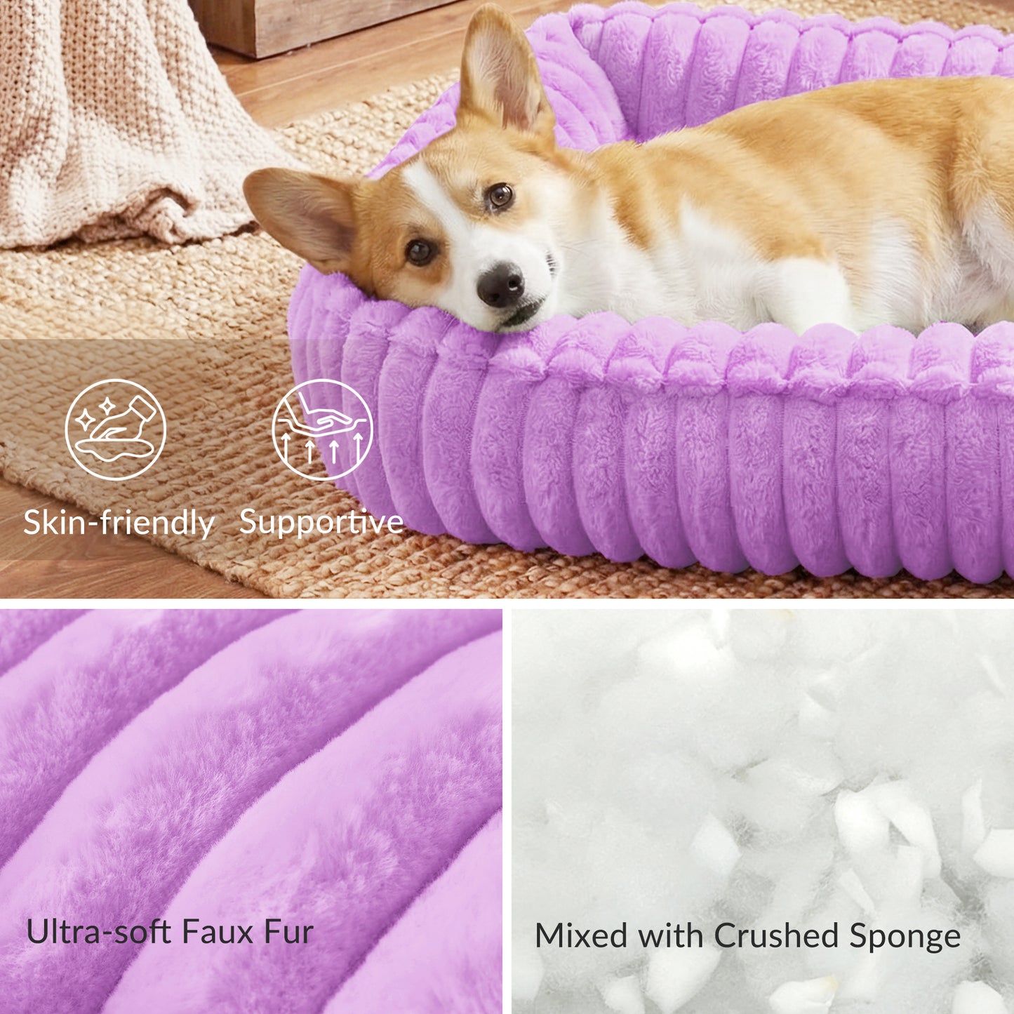 Exclusivo Mezcla Ribbed Plush Cuddler Dog Bed, 24"x20" Calming Pet Bed with Non-Slip Bottom for Medium Dogs, Machine Washable, Purple