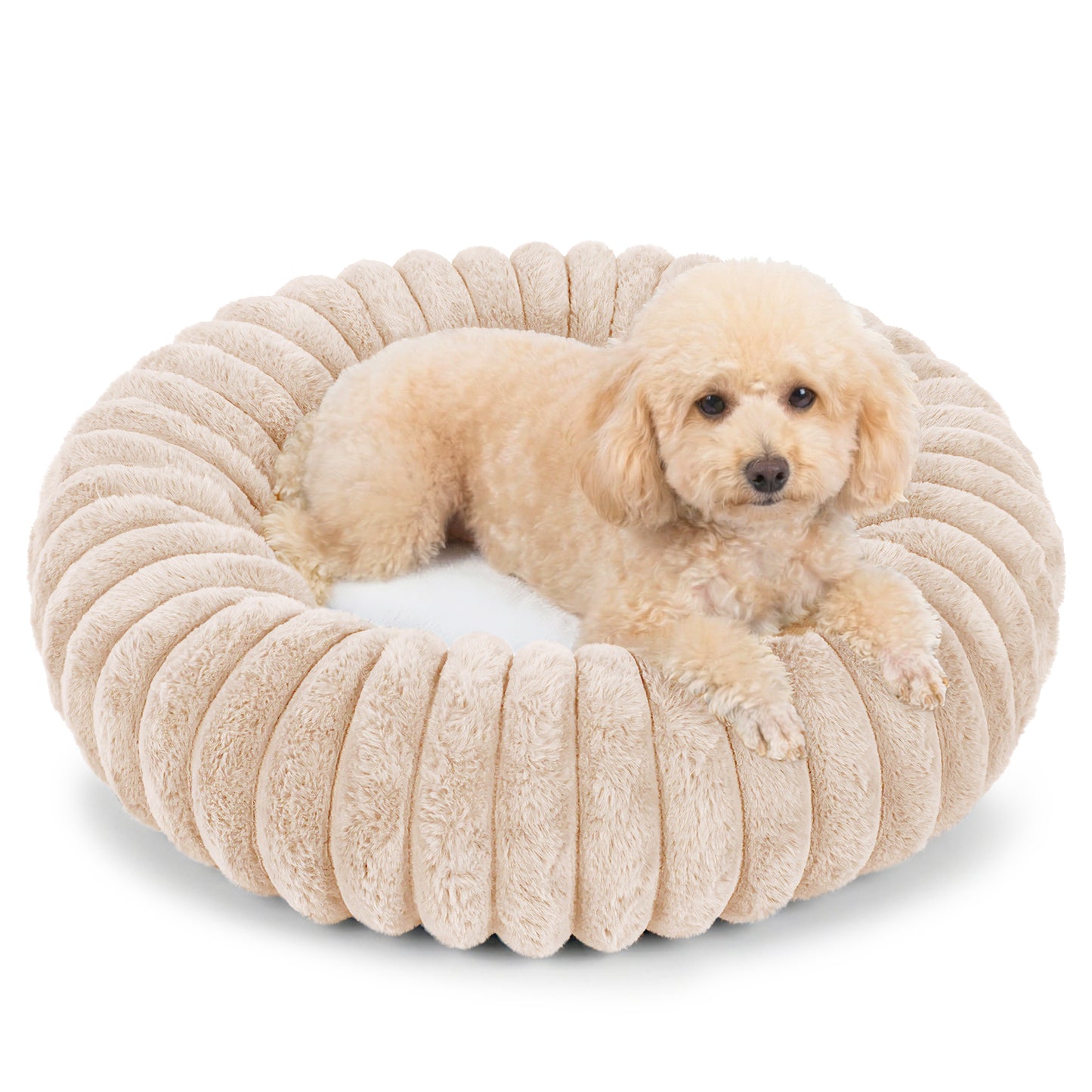 Exclusivo Mezcla Calming Donut Dog Bed, 24 inches Cozy Fluffy Faux Rabbit Fur Round Pet Bed, Machine Washable, Apricot