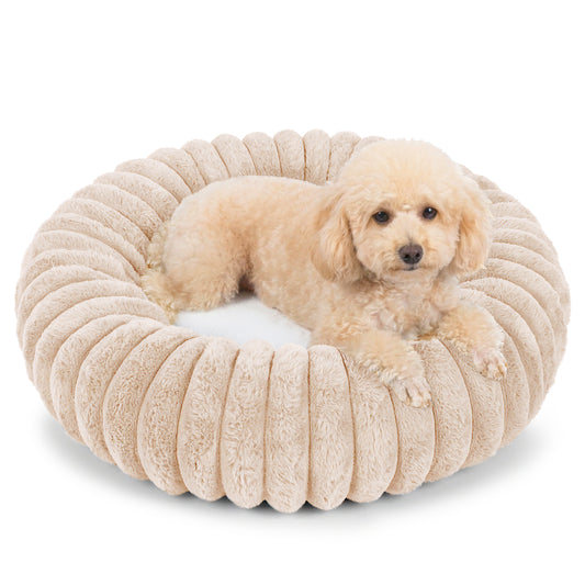 Exclusivo Mezcla Calming Donut Dog Bed, 24 inches Cozy Fluffy Faux Rabbit Fur Round Pet Bed, Machine Washable, Apricot