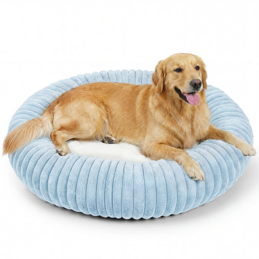 Exclusivo Mezcla Calming Donut Dog Bed, 36 inches Cozy Fluffy Faux Rabbit Fur Round Pet Bed, Machine Washable, Blue