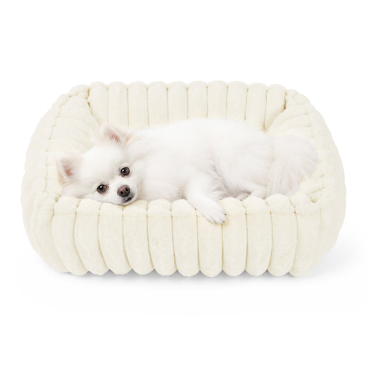 Exclusivo Mezcla Ribbed Plush Cuddler Dog Bed, 20"x16" Calming Pet Bed with Non-Slip Bottom for Small Dogs, Machine Washable, Ivory