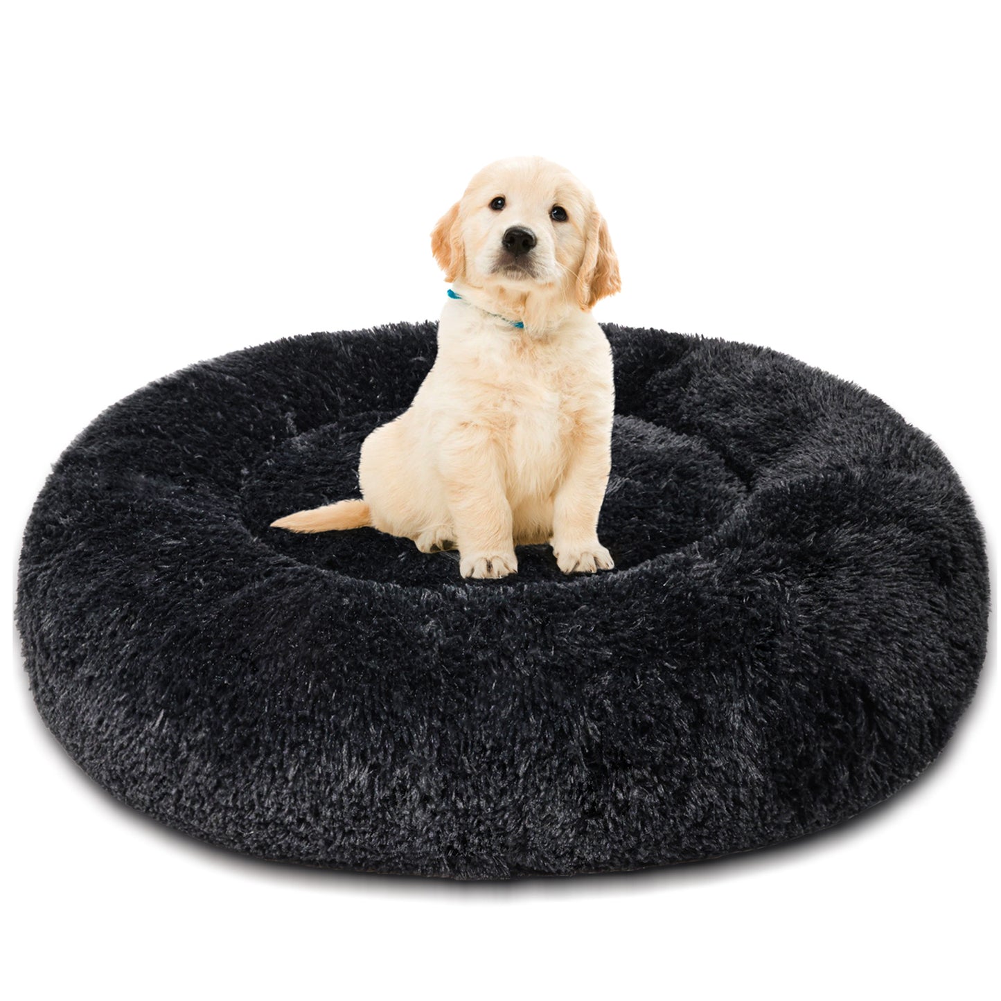 Exclusivo Mezcla Calming Donut Pet Bed for Small Dogs 20", Anti-Anxiety Plush Cozy Warming Dog Bed, Black