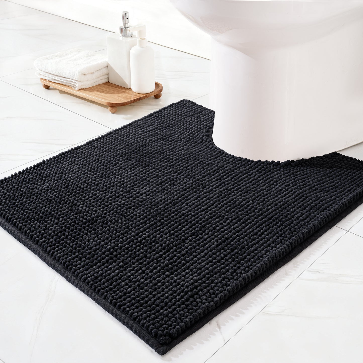Exclusivo Mezcla Toilet Rugs U-Shaped 20x24, Extra Soft Absorbent Chenille Bath Rugs Mat, Quick Dry, Machine Washable Bath Mats for Toilet, Black