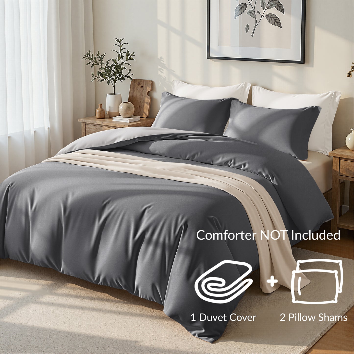 Exclusivo Mezcla King Bedding Duvet Cover Set, 3 Pieces Lightweight Comforter Cover with Pillow Shams (Light Grey and Dark Grey)