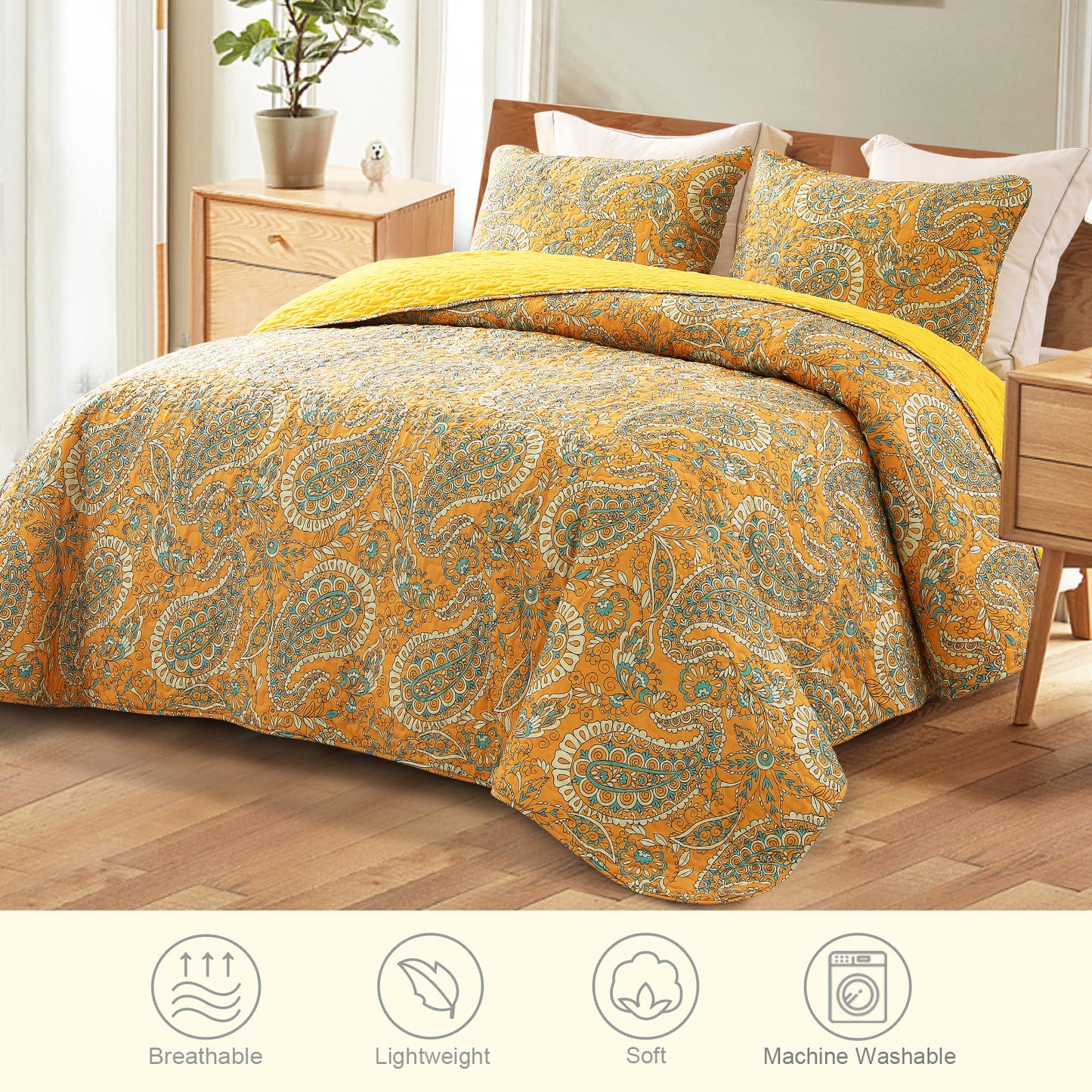 Exclusivo Mezcla Reversible Boho Quilt Set King Size, 3 Pieces Paisley Orange All Season Bedspreads, Ultra Soft Floral Coverlet Bedding Set with Printed Pattern (1 Quilt, 2 Pillow Shams)