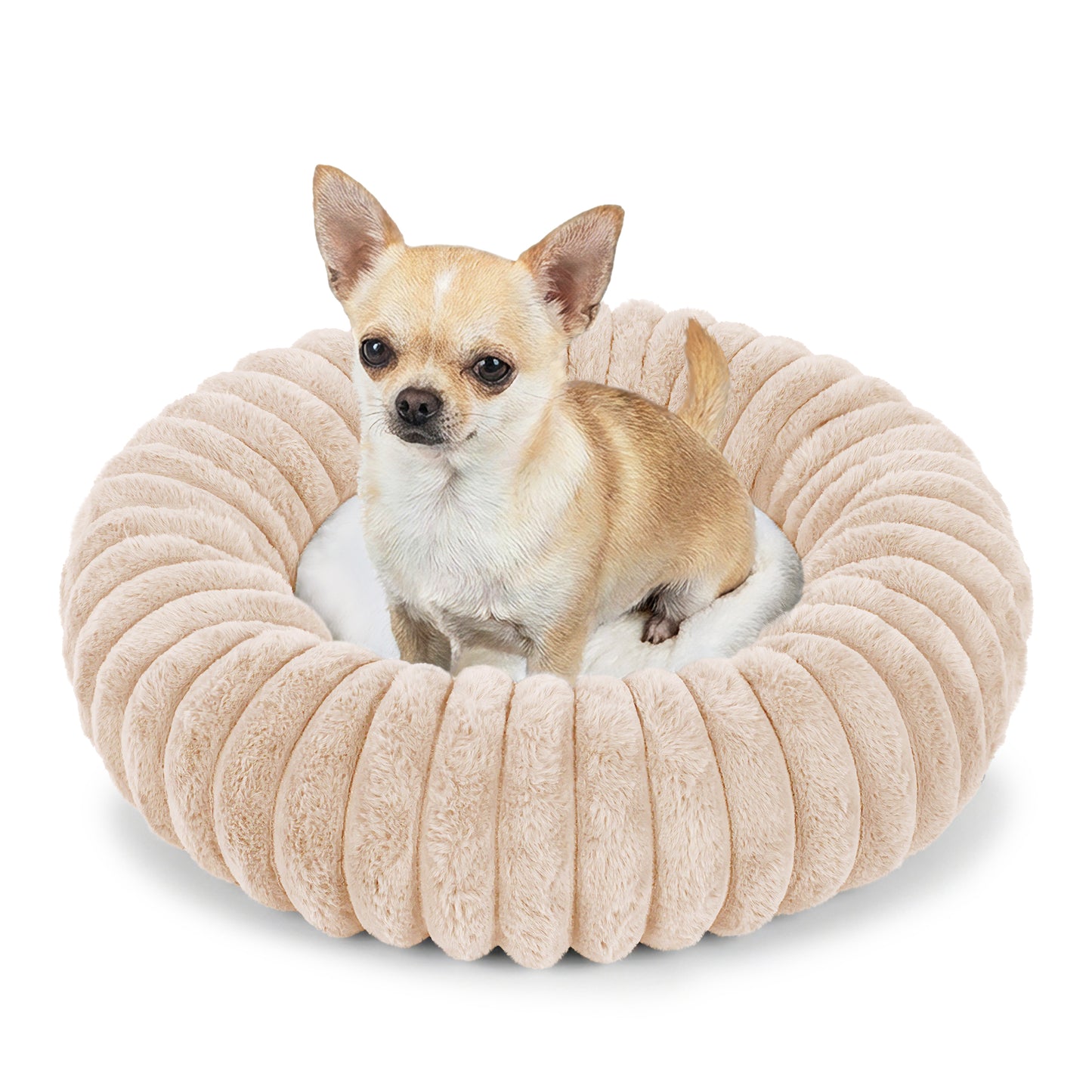 Exclusivo Mezcla Calming Donut Dog Bed, 20 inches Cozy Fluffy Faux Rabbit Fur Round Pet Bed, Machine Washable, Apricot