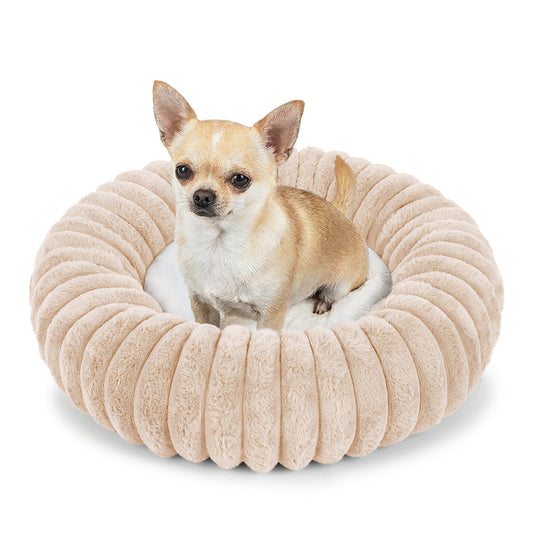 Exclusivo Mezcla Calming Donut Dog Bed, 20 inches Cozy Fluffy Faux Rabbit Fur Round Pet Bed, Machine Washable, Apricot