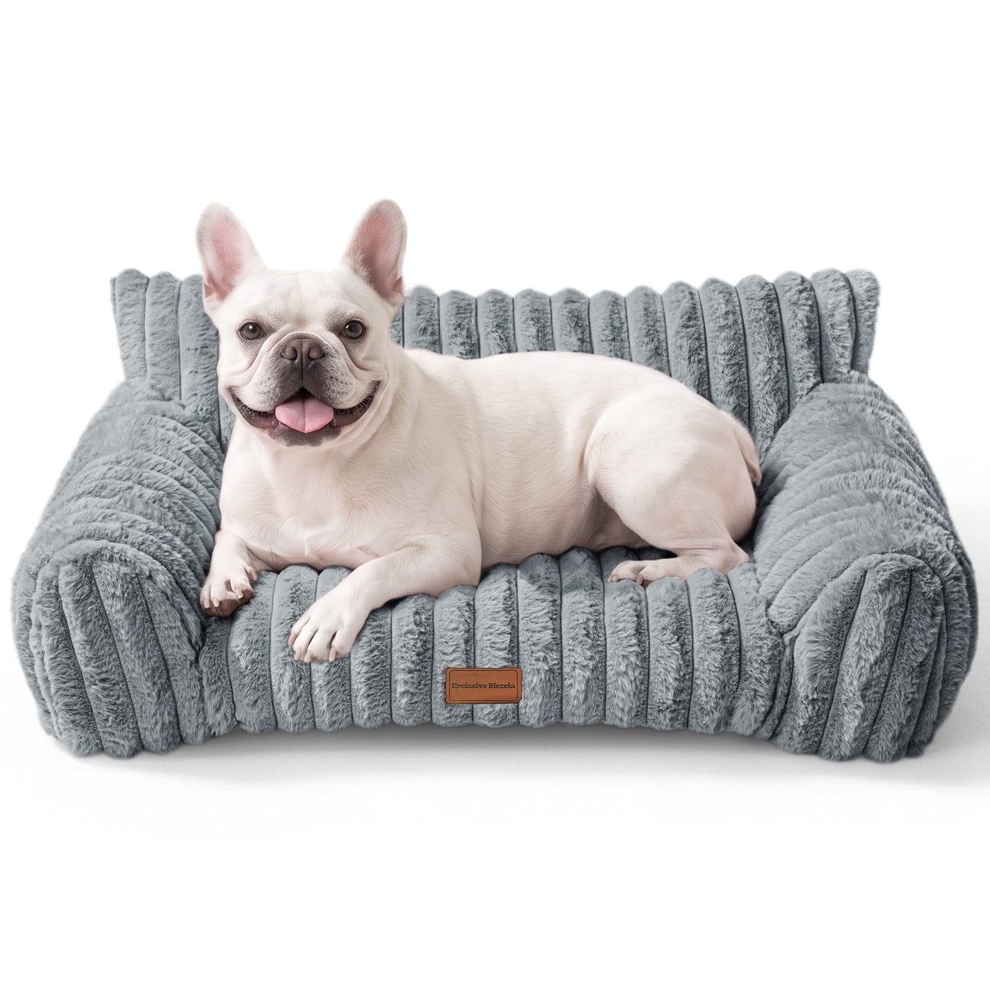 Exclusivo Mezcla Sofa Pet Bed with Raised Backrest for Small Medium Dogs, 30"x20" Cozy Plush Cord Couch Dog Bed, Removable Washable Cover, Sage Grey