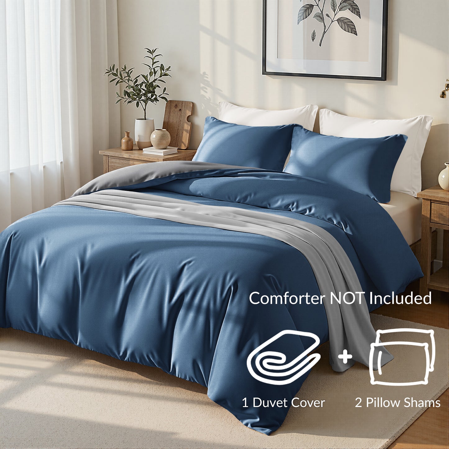 Exclusivo Mezcla Queen Bedding Duvet Cover Set, 3 Pieces Lightweight Comforter Cover with Pillow Shams (Dark Blue and Dark Grey)