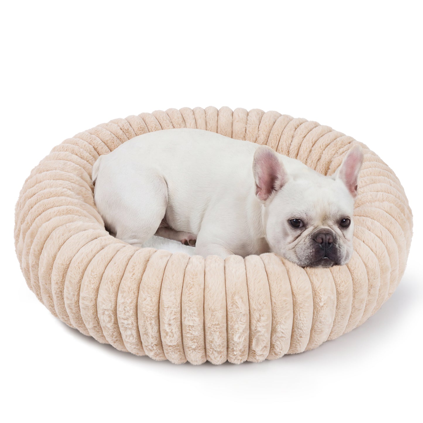 Exclusivo Mezcla Calming Donut Dog Bed, 28 inches Cozy Fluffy Faux Rabbit Fur Round Pet Bed, Machine Washable, Apricot