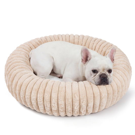 Exclusivo Mezcla Calming Donut Dog Bed, 28 inches Cozy Fluffy Faux Rabbit Fur Round Pet Bed, Machine Washable, Apricot