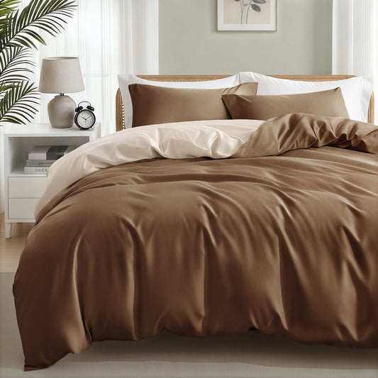 Exclusivo Mezcla Twin Bedding Duvet Cover Set, 2 Pieces Lightweight Comforter Cover with Pillow Sham (Brown and Brich Beige)