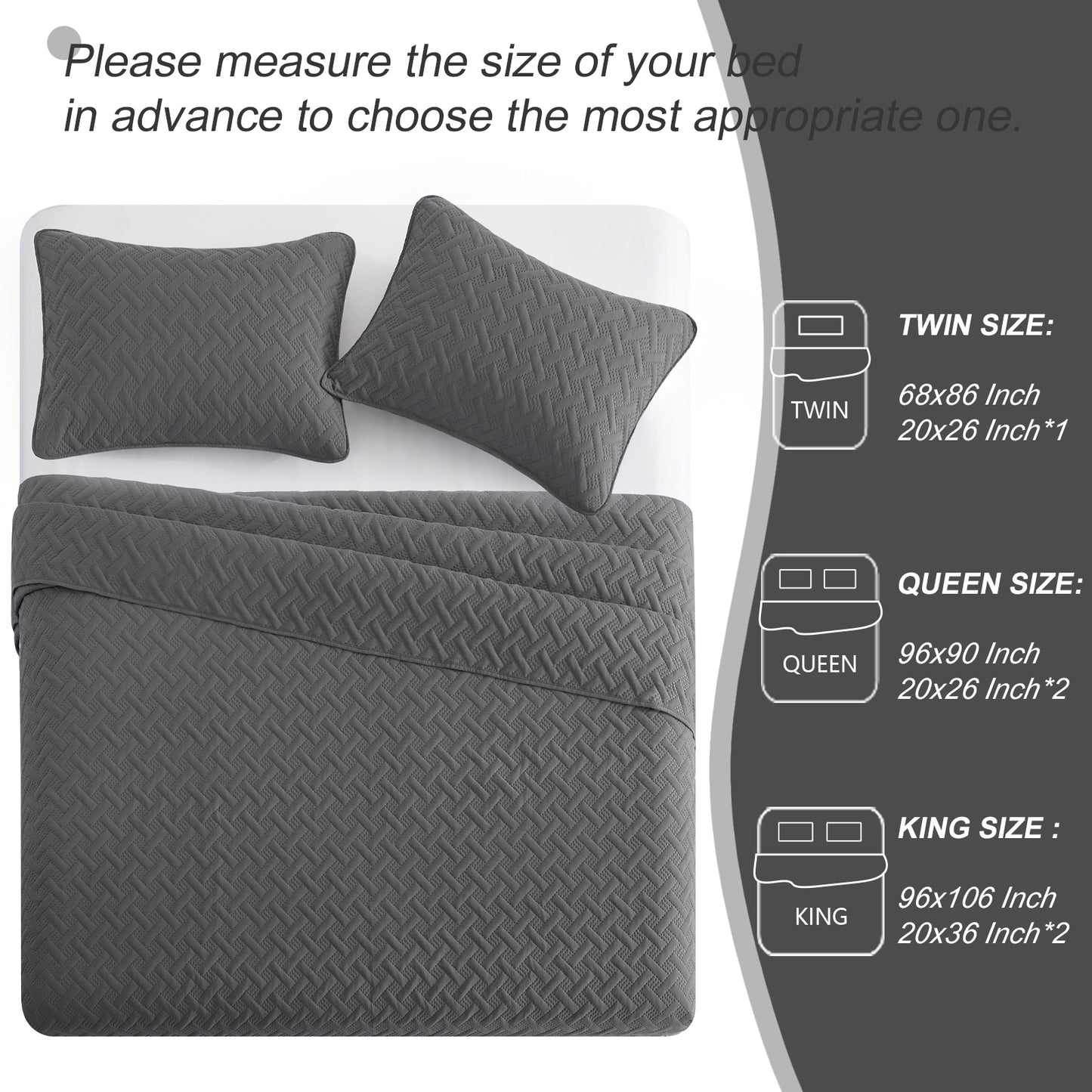 Exclusivo Mezcla 3-Piece Gray King Size Quilt Set, Weave Pattern Ultrasonic Lightweight and Soft Quilts/Bedspreads/Coverlets/Bedding Set (1 Quilt, 2 Pillow Shams) for All Seasons