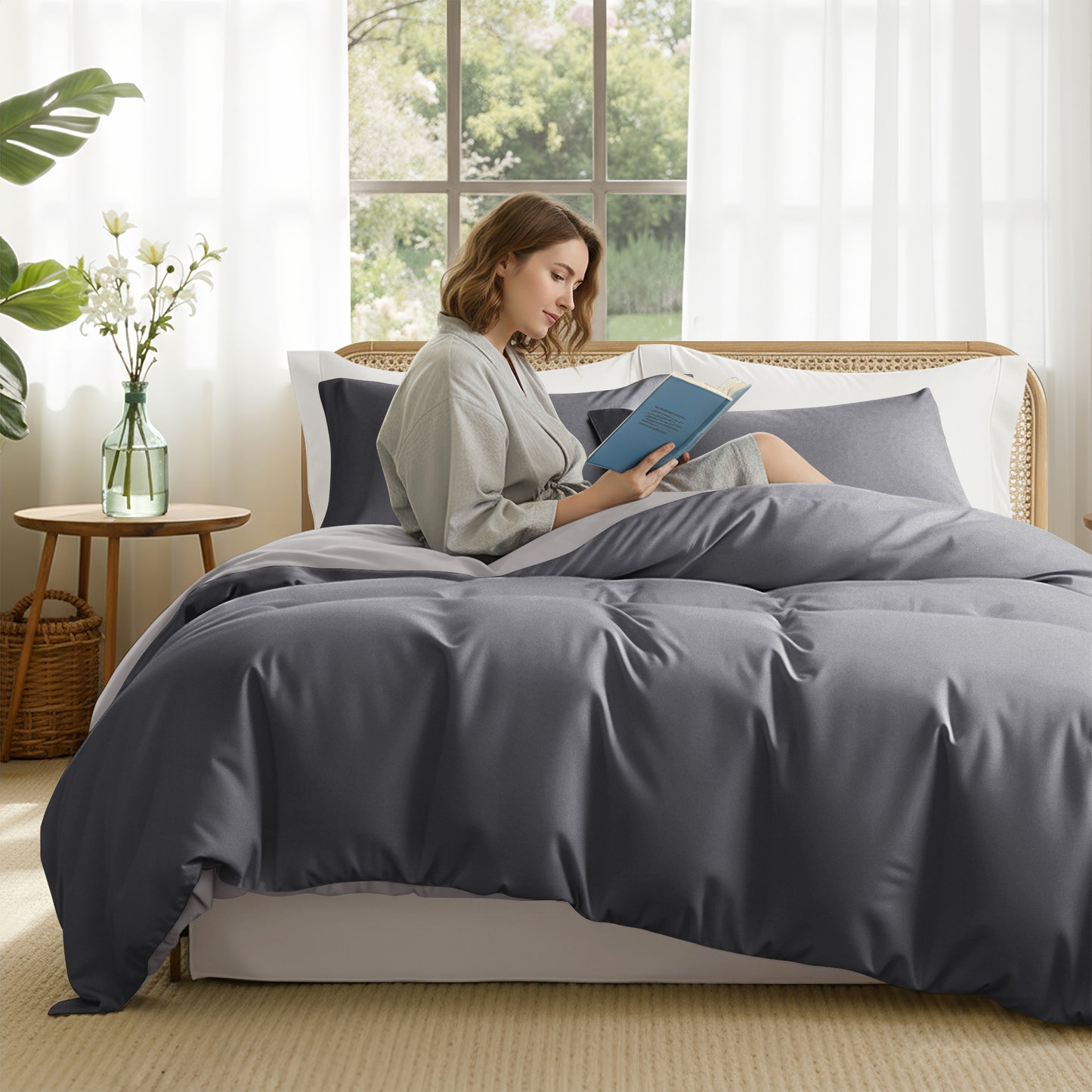Exclusivo Mezcla Twin Bedding Duvet Cover Set, 2 Pieces Lightweight Comforter Cover with Pillow Sham (Light Grey and Dark Grey)