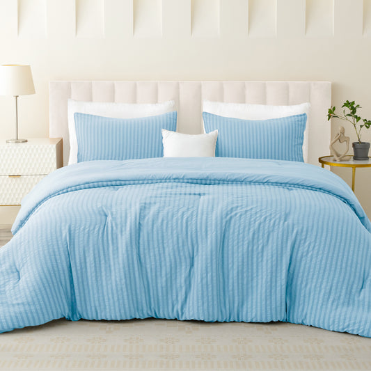 Exclusivo Mezcla 3-Piece Seersucker King Comforter Set Sky Blue, Lightweight Soft Striped Pattern All Season Bedding Comforter sets with 2 Pillow Shams