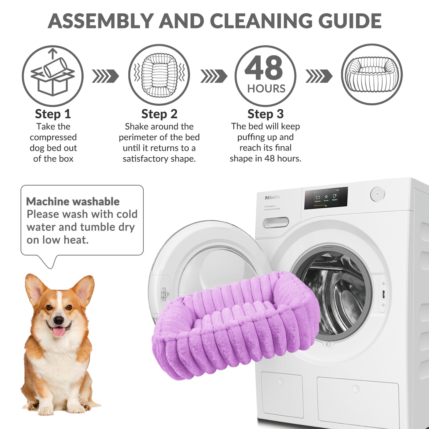 Exclusivo Mezcla Ribbed Plush Cuddler Dog Bed, 32"x24" Calming Pet Bed with Non-Slip Bottom for Medium Dogs, Machine Washable, Purple