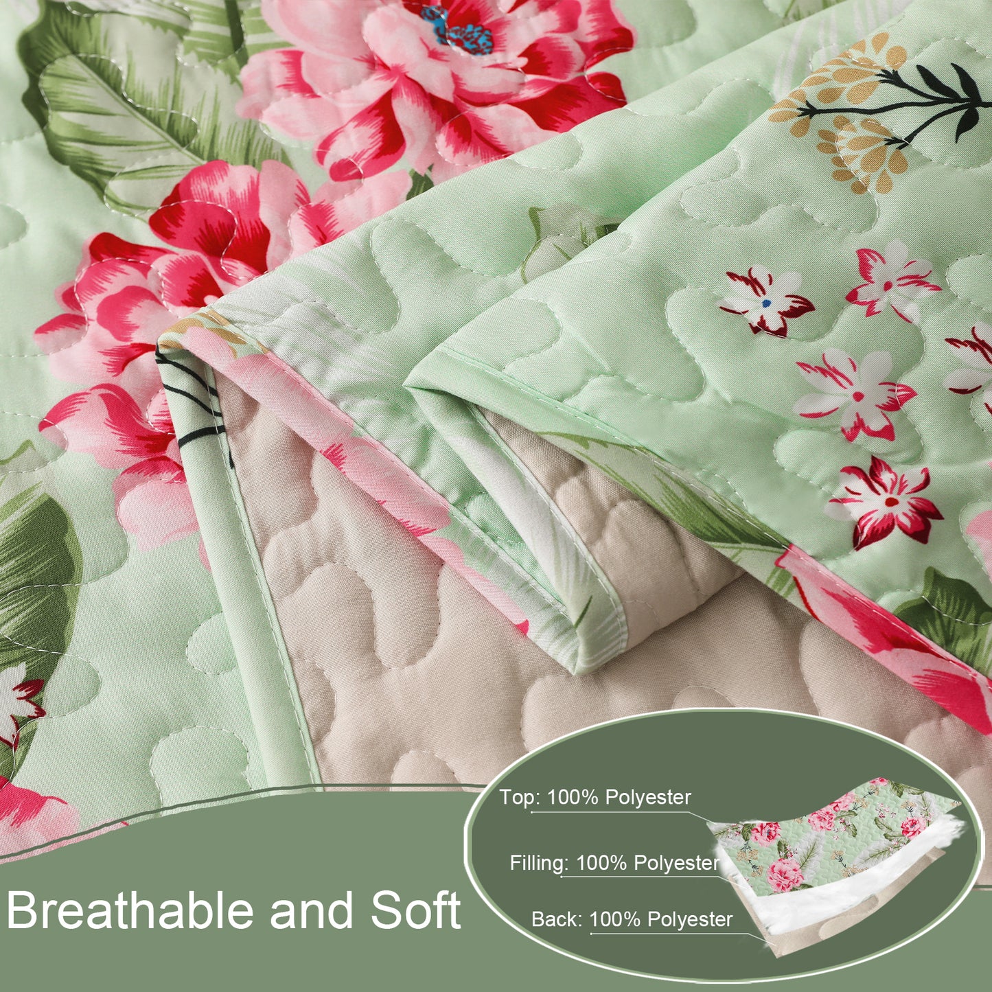 Exclusivo Mezcla Floral Quilt Set King Size, 3-Piece Reversible Quilt Bedding Set with Botanical Pink Flower Pattern (2 Pillow Shams), Lightweight and Soft Bedspread Coverlets