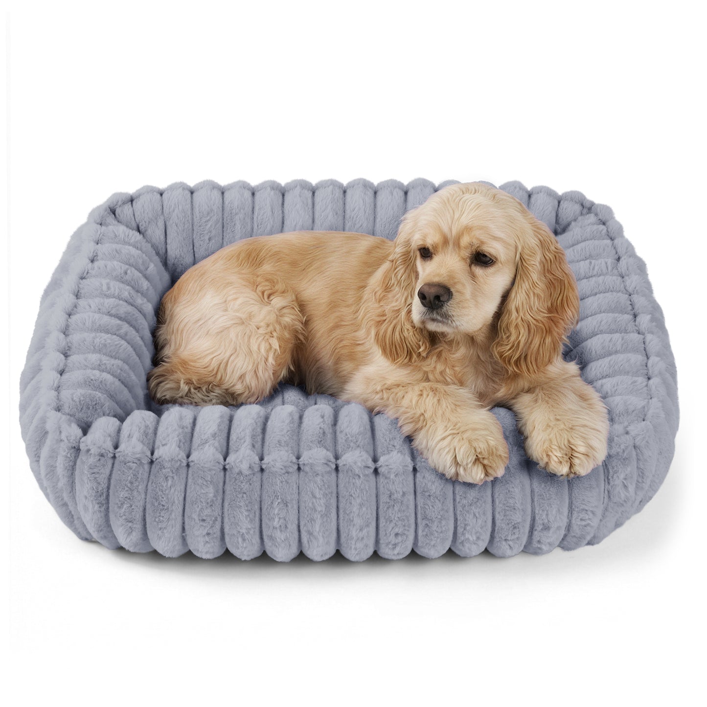 Exclusivo Mezcla Ribbed Plush Cuddler Dog Bed, 32"x24" Calming Pet Bed with Non-Slip Bottom for Medium Dogs, Machine Washable, Light Grey