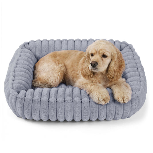 Exclusivo Mezcla Ribbed Plush Cuddler Dog Bed, 32"x24" Calming Pet Bed with Non-Slip Bottom for Medium Dogs, Machine Washable, Light Grey
