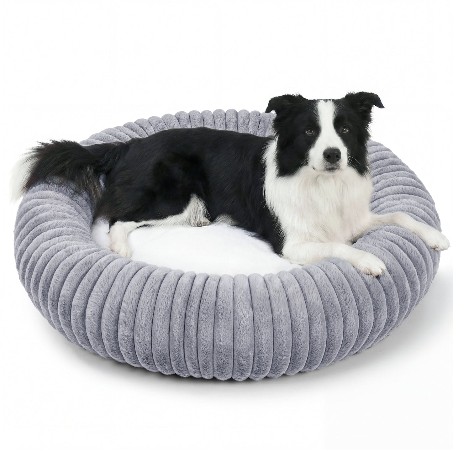 Exclusivo Mezcla Calming Donut Dog Bed, 32 inches Cozy Fluffy Faux Rabbit Fur Round Pet Bed, Machine Washable, Light Grey