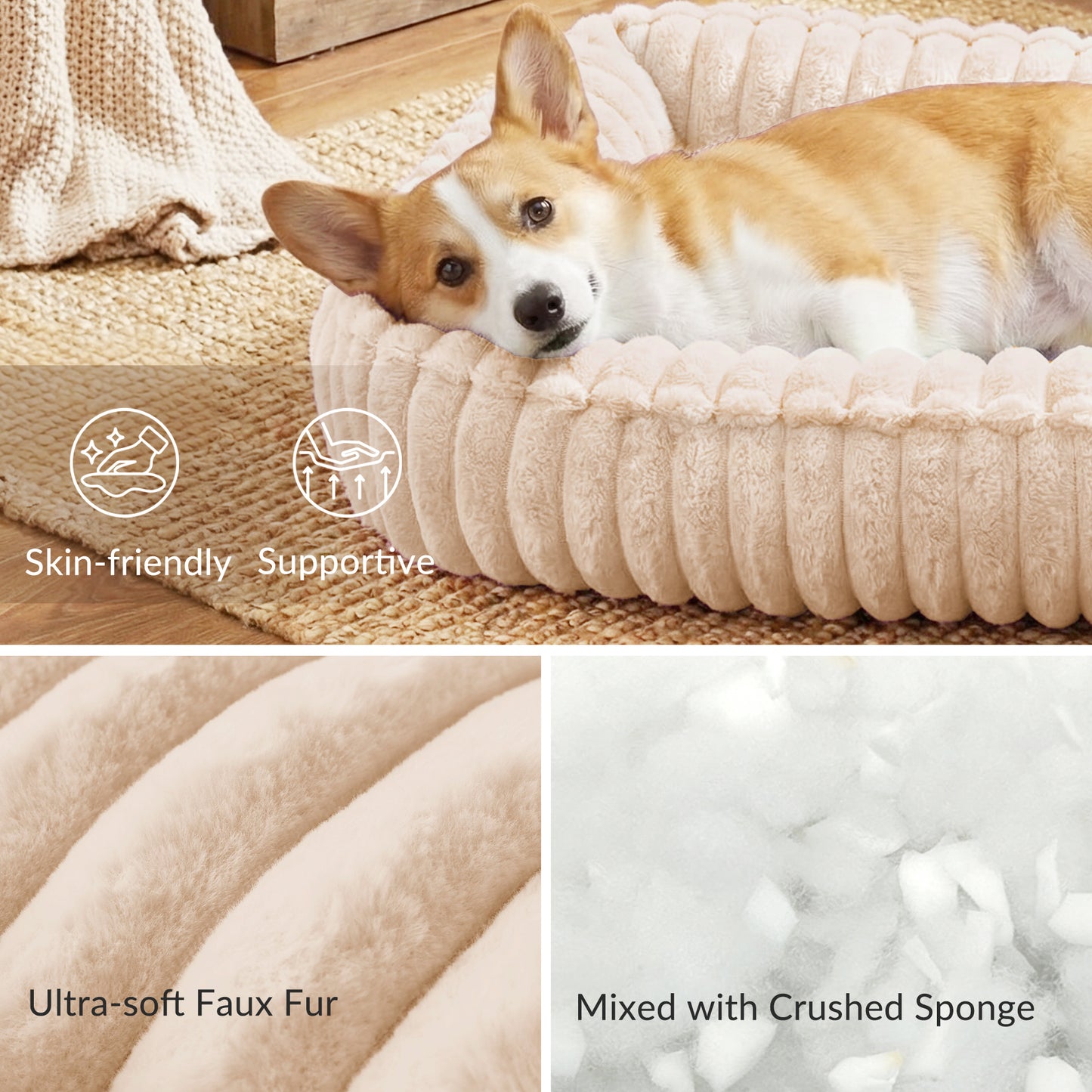 Exclusivo Mezcla Ribbed Plush Cuddler Dog Bed, 32"x24" Calming Pet Bed with Non-Slip Bottom for Medium Dogs, Machine Washable, Apricot