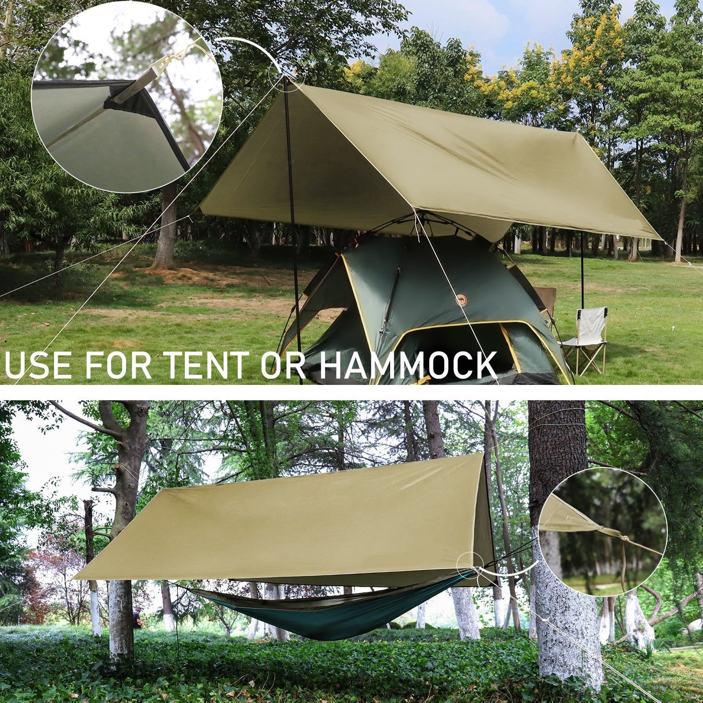 Exclusivo Mezcla Camping Tarp Waterproof, Hammock Rain Fly Tent Tarp - 12 10 ft Rectangle Lightweight Camping Tarps, Portable Rain Fly for Camping Backpacking (Khaki)