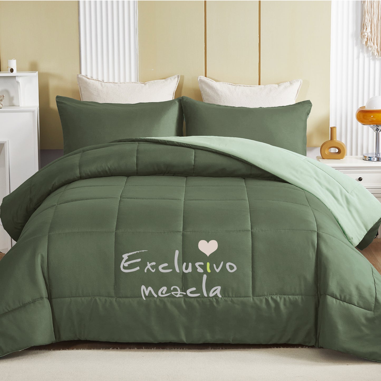 Exclusivo Mezcla Lightweight Reversible 3-Piece Comforter Set All Seasons, Down Alternative Comforter with 2 Pillow Shams, King Size, Emerald/Mint