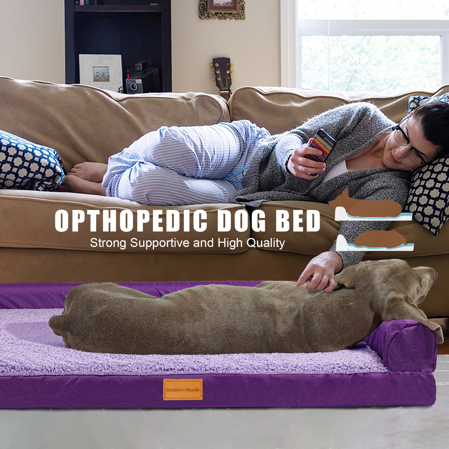Exclusivo Mezcla Orthopedic Dog Bed for Medium Dogs 36''X24'', L Shaped with Removable Washable Cover, Waterproof Supportive Foam Pet Couch Bed Mat, Purple