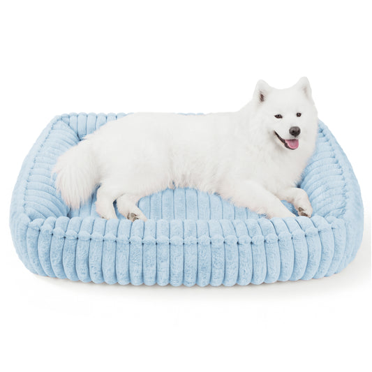 Exclusivo Mezcla Ribbed Plush Cuddler Dog Bed, 36"x28" Calming Pet Bed with Non-Slip Bottom for Large Dogs, Machine Washable, Blue