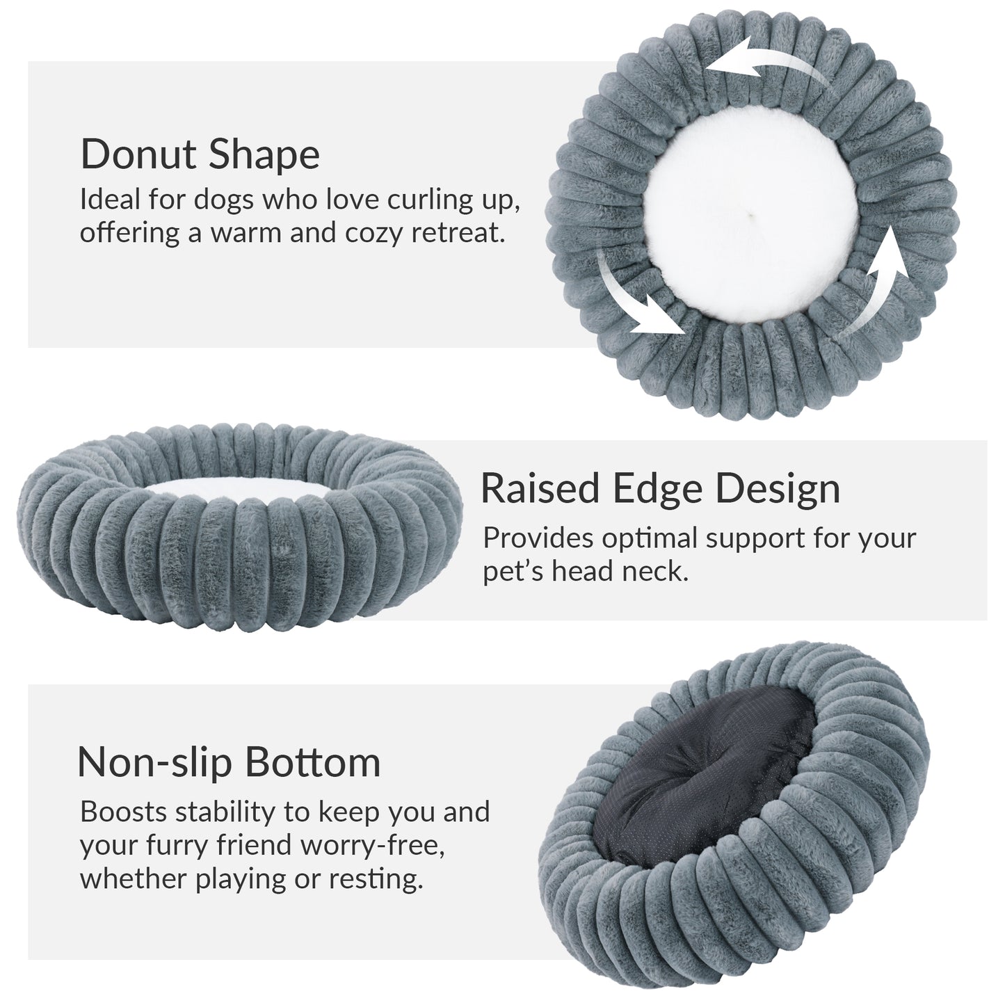 Exclusivo Mezcla Calming Donut Dog Bed, 32 inches Cozy Fluffy Faux Rabbit Fur Round Pet Bed, Machine Washable, Dark Grey
