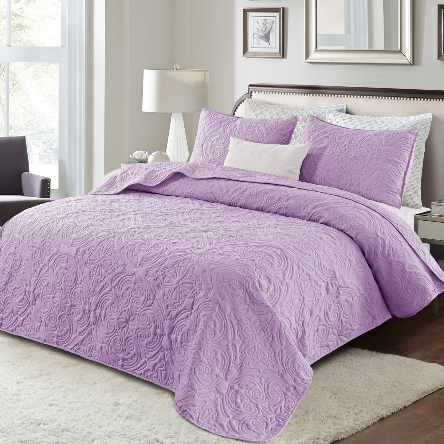 Exclusivo Mezcla Oversized King Quilt Bedding Set, Lightweight Vintage California Cal King Size Quilts with Pillow Shams, Soft Bedspreads Coverlets for All Seasons, (112"x104", Lilac)