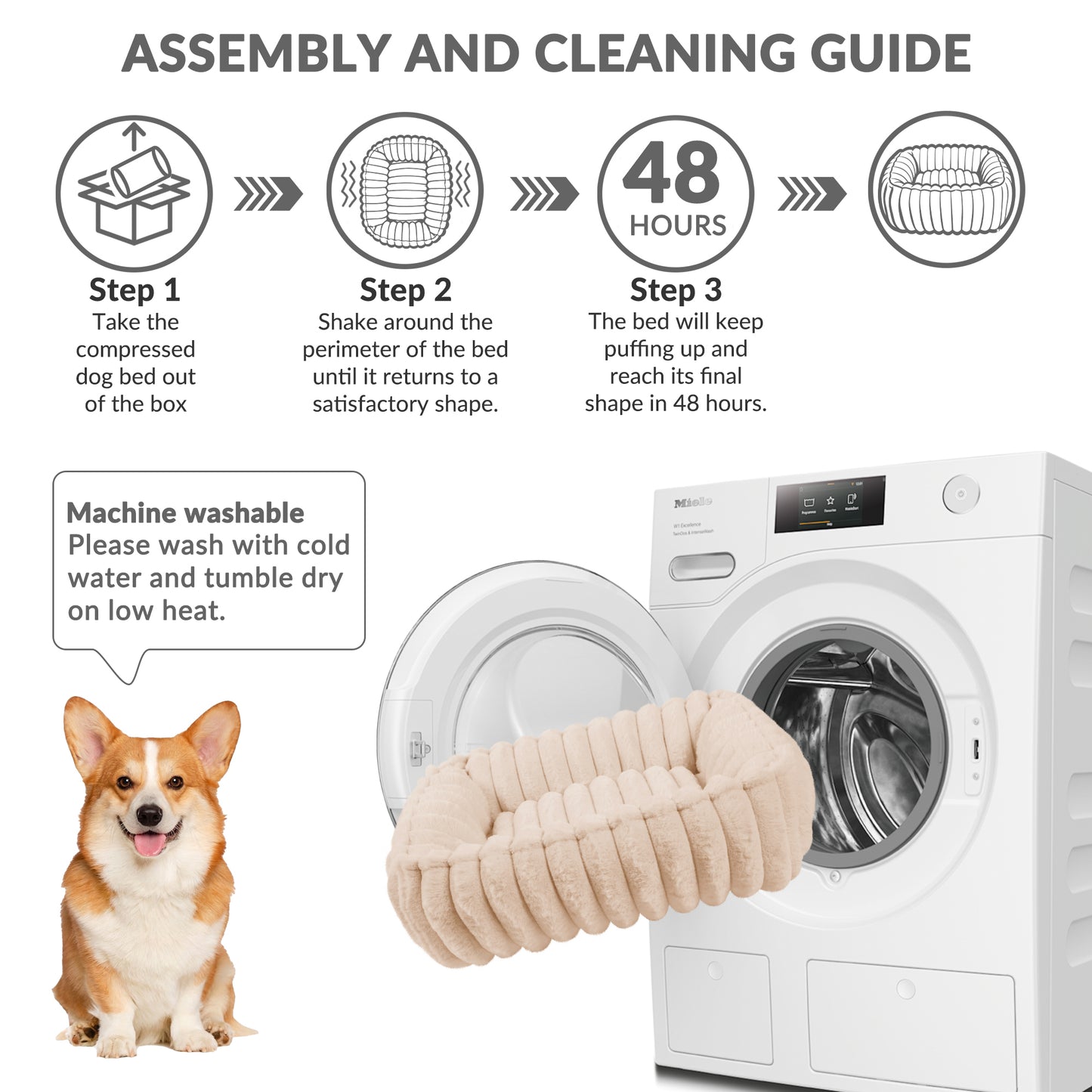 Exclusivo Mezcla Ribbed Plush Cuddler Dog Bed, 36"x28" Calming Pet Bed with Non-Slip Bottom for Large Dogs, Machine Washable, Apricot