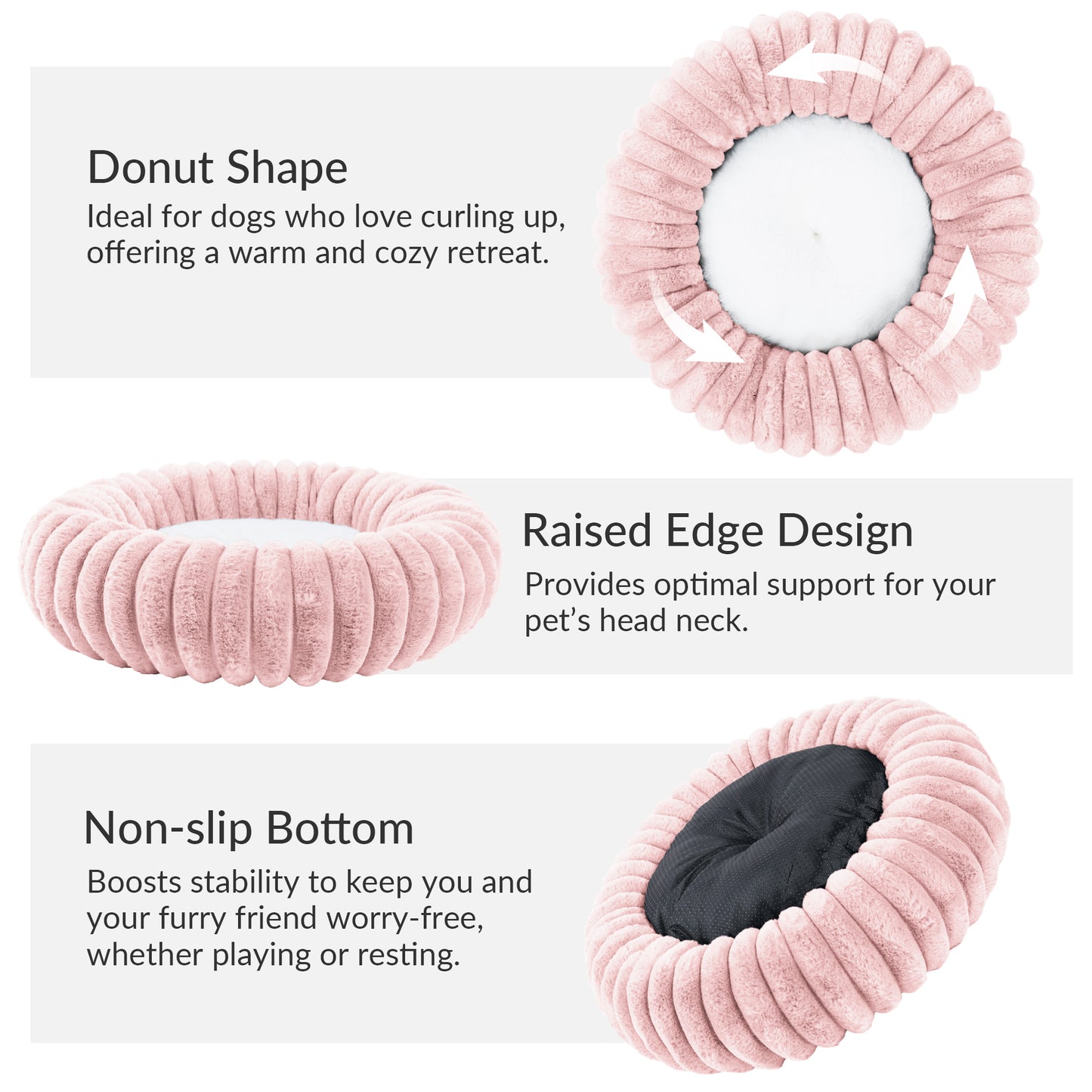 Exclusivo Mezcla Calming Donut Dog Bed, 32 inches Cozy Fluffy Faux Rabbit Fur Round Pet Bed, Machine Washable, Pink
