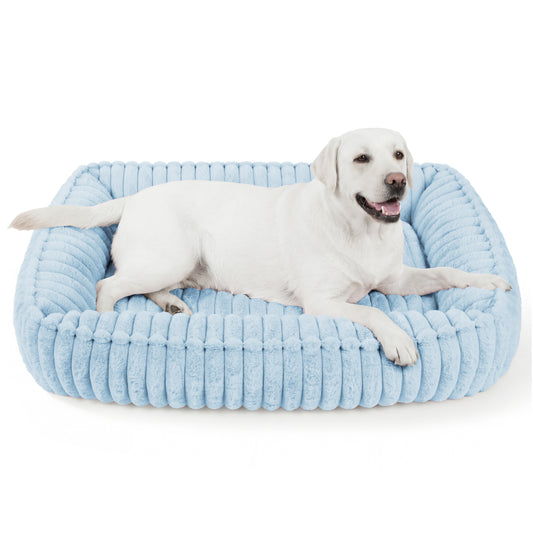 Exclusivo Mezcla Ribbed Plush Cuddler Dog Bed, 40"x32" Calming Pet Bed with Non-Slip Bottom for Large Dogs, Machine Washable, Blue