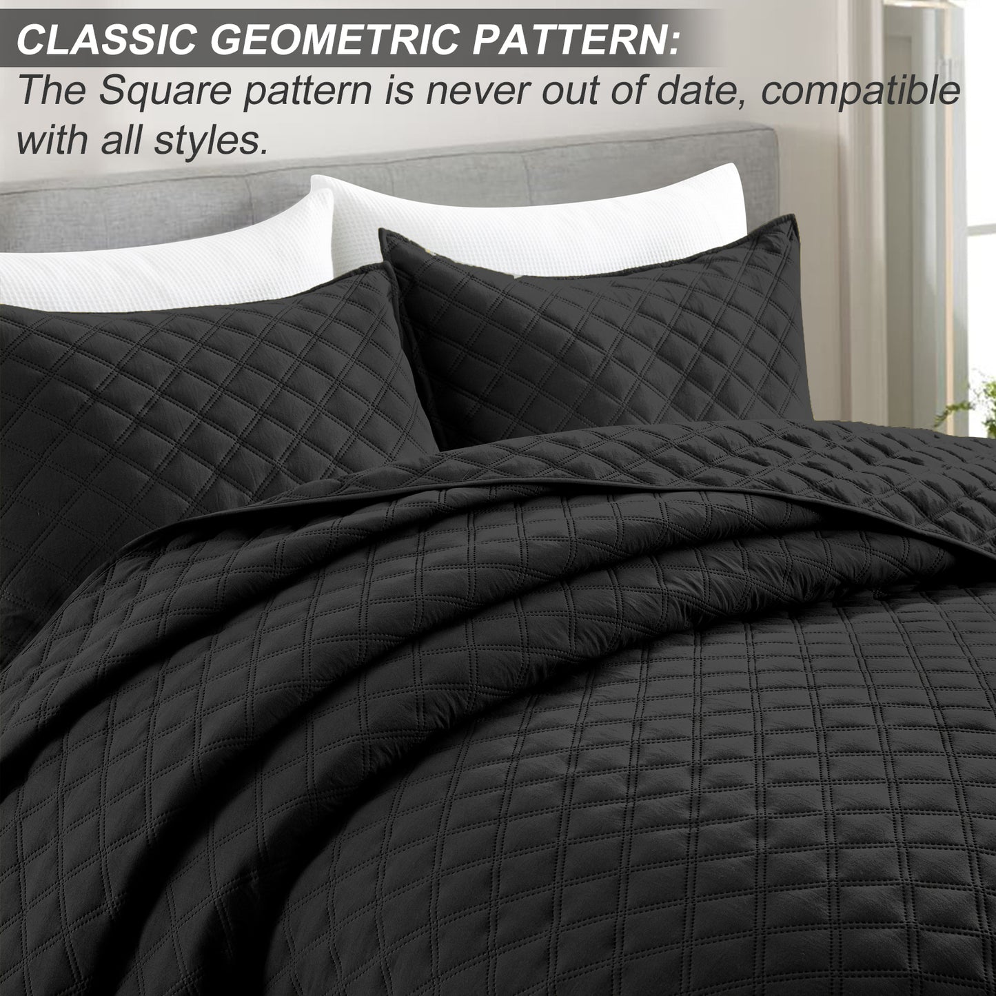 Exclusivo Mezcla 2-Piece Black Twin Size Quilt Set, Box Pattern Ultrasonic Lightweight and Soft Quilts/Bedspreads/Coverlets/Bedding Set (1 Quilt, 1 Pillow Sham) for All Seasons