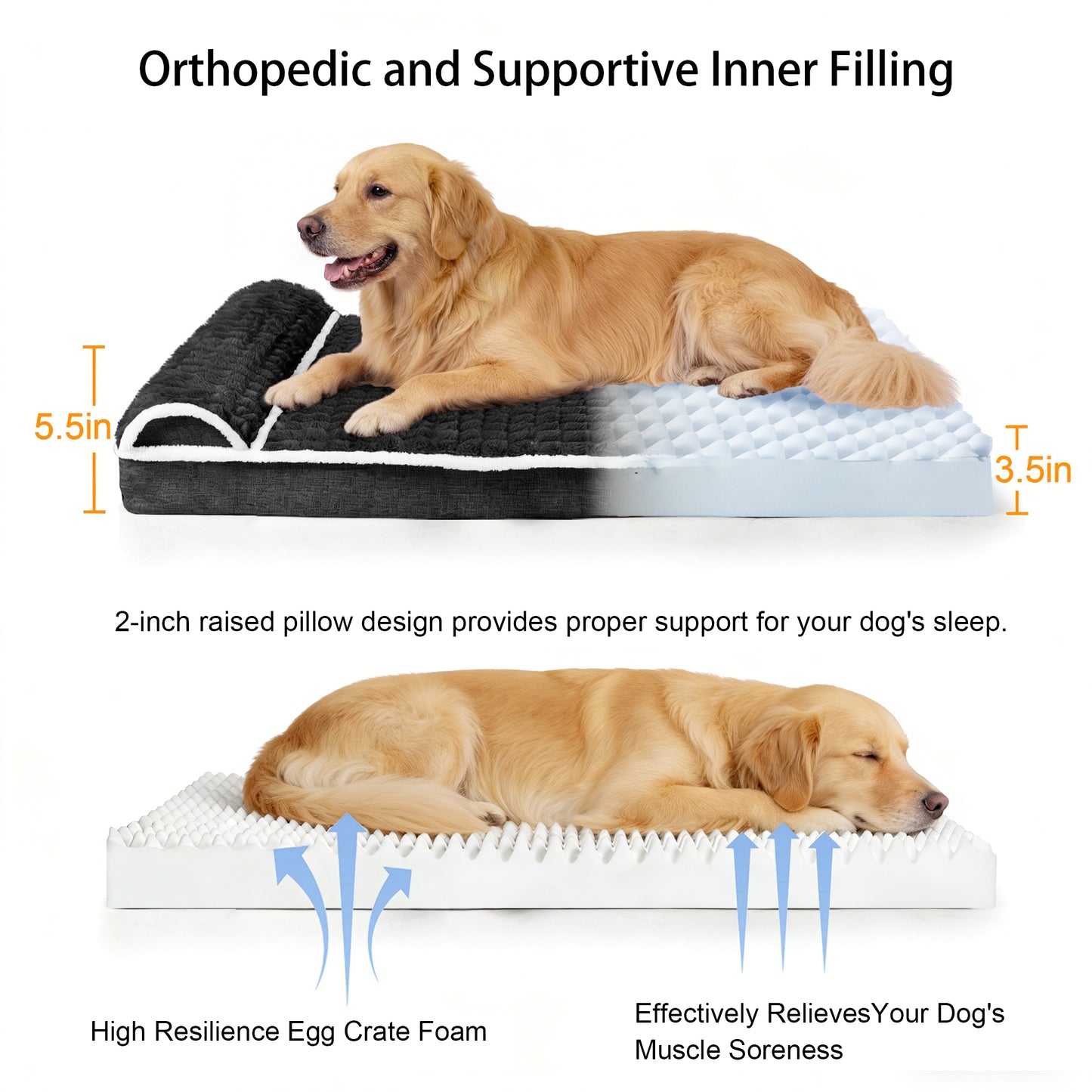 Exclusivo Mezcla Orthopedic Dog Bed with Head Pillow for Large Dogs, Removable and Machine-Washable Cover, 42"X28", Black