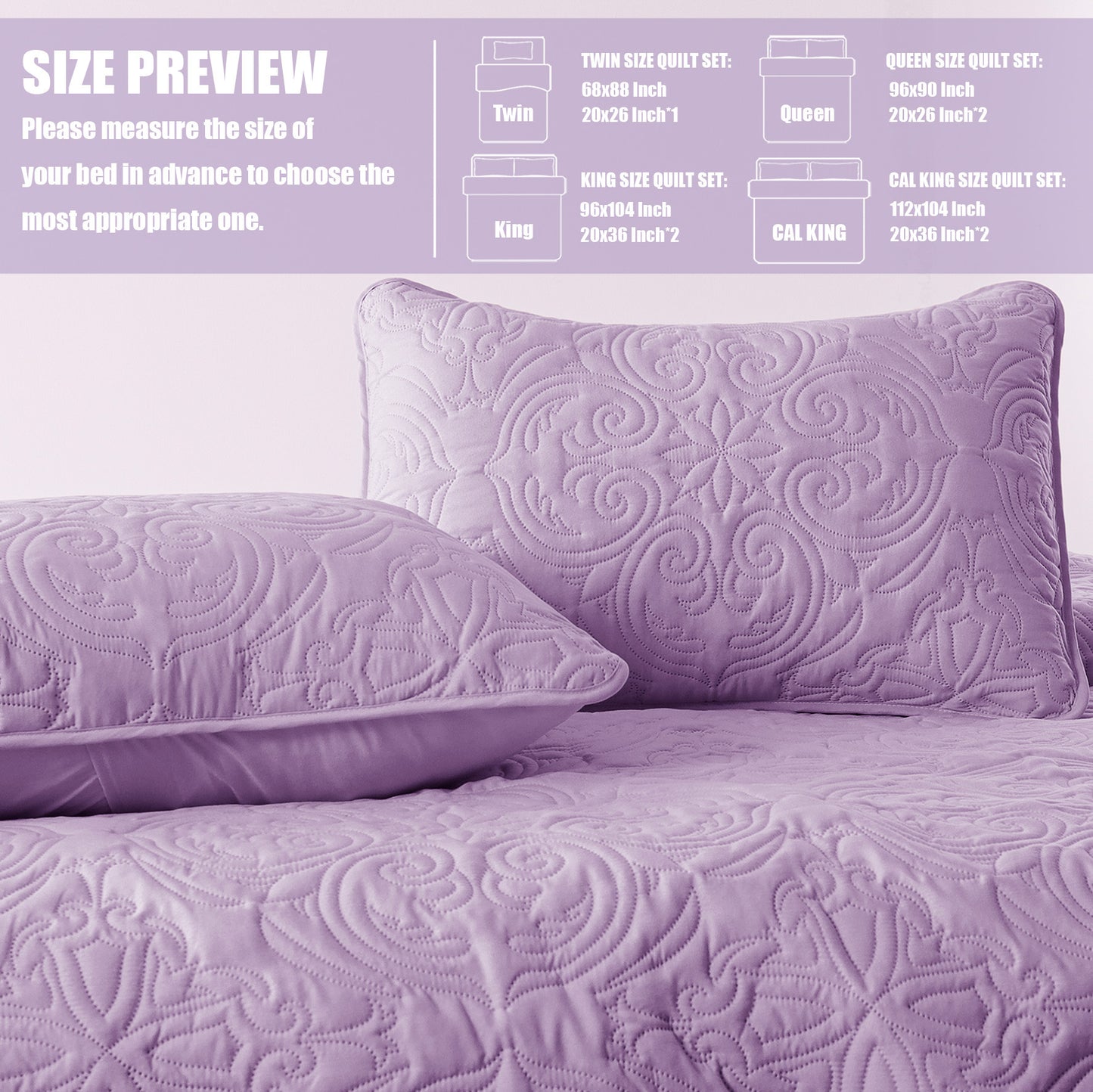 Exclusivo Mezcla Oversized King Quilt Bedding Set, Lightweight Vintage California Cal King Size Quilts with Pillow Shams, Soft Bedspreads Coverlets for All Seasons, (112"x104", Lilac)