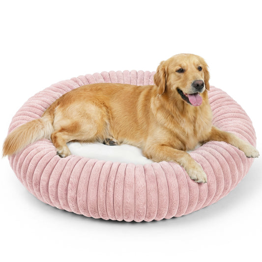 Exclusivo Mezcla Calming Donut Dog Bed, 36 inches Cozy Fluffy Faux Rabbit Fur Round Pet Bed, Machine Washable, Pink
