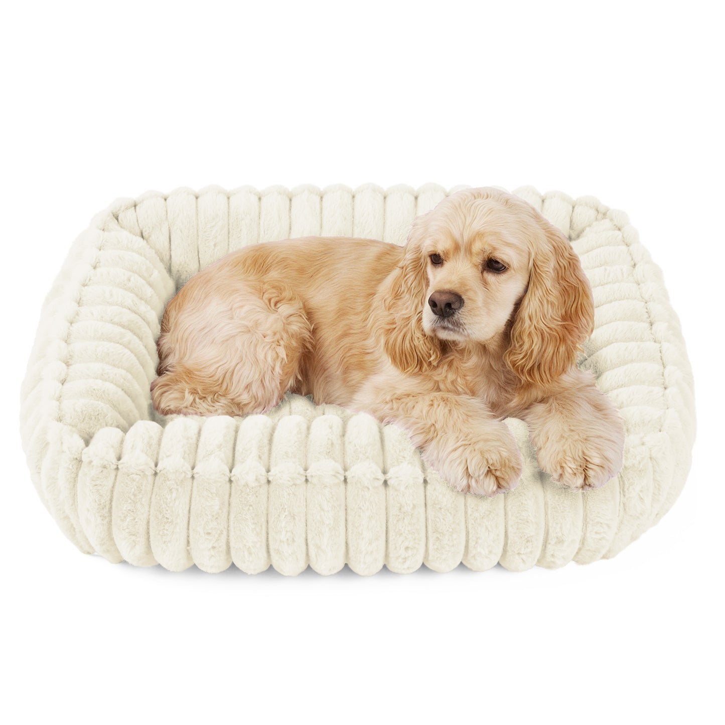 Exclusivo Mezcla Ribbed Plush Cuddler Dog Bed, 32"x24" Calming Pet Bed with Non-Slip Bottom for Medium Dogs, Machine Washable, Ivory