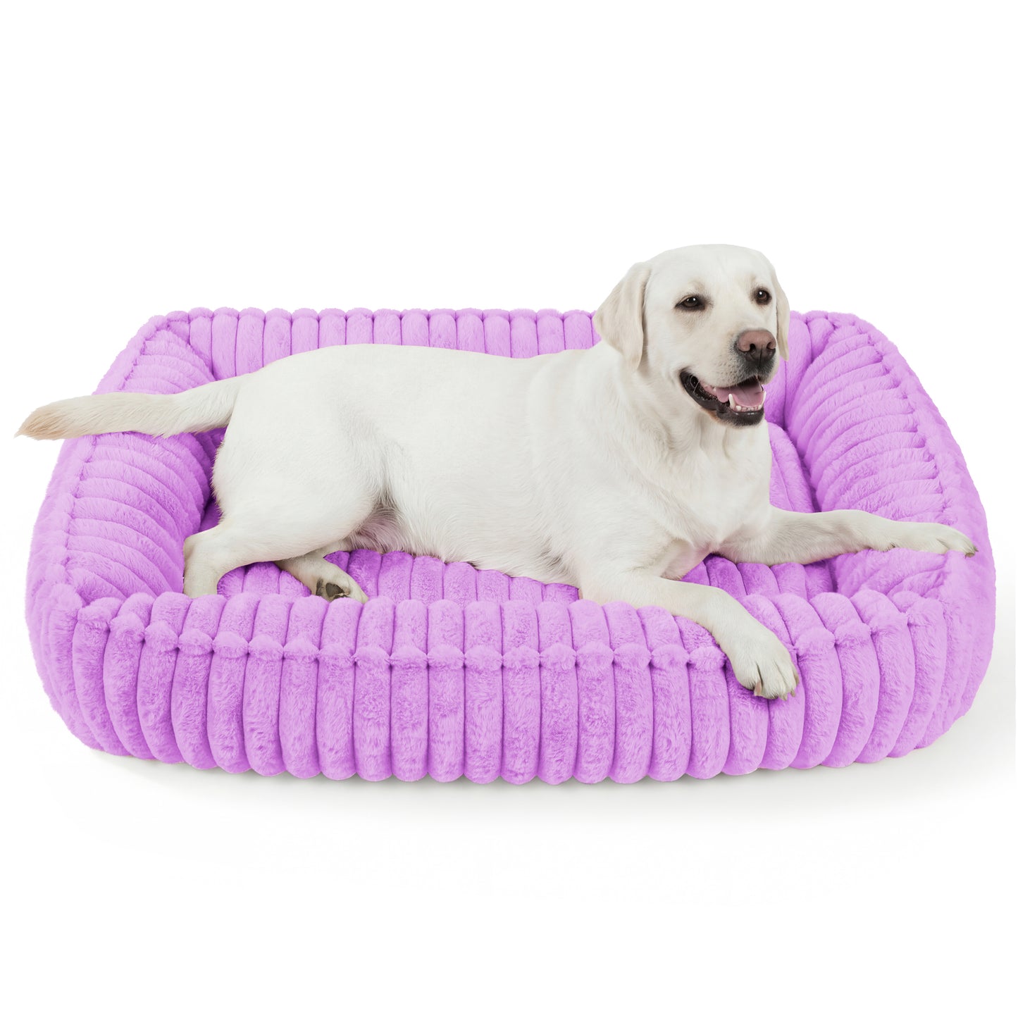 Exclusivo Mezcla Ribbed Plush Cuddler Dog Bed, 40"x32" Calming Pet Bed with Non-Slip Bottom for Large Dogs, Machine Washable, Purple