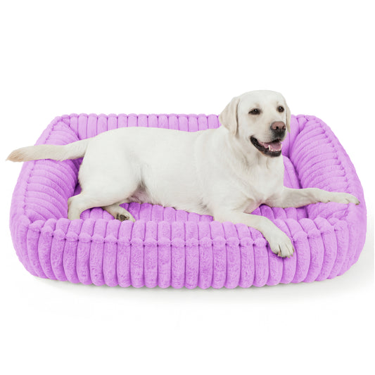 Exclusivo Mezcla Ribbed Plush Cuddler Dog Bed, 40"x32" Calming Pet Bed with Non-Slip Bottom for Large Dogs, Machine Washable, Purple