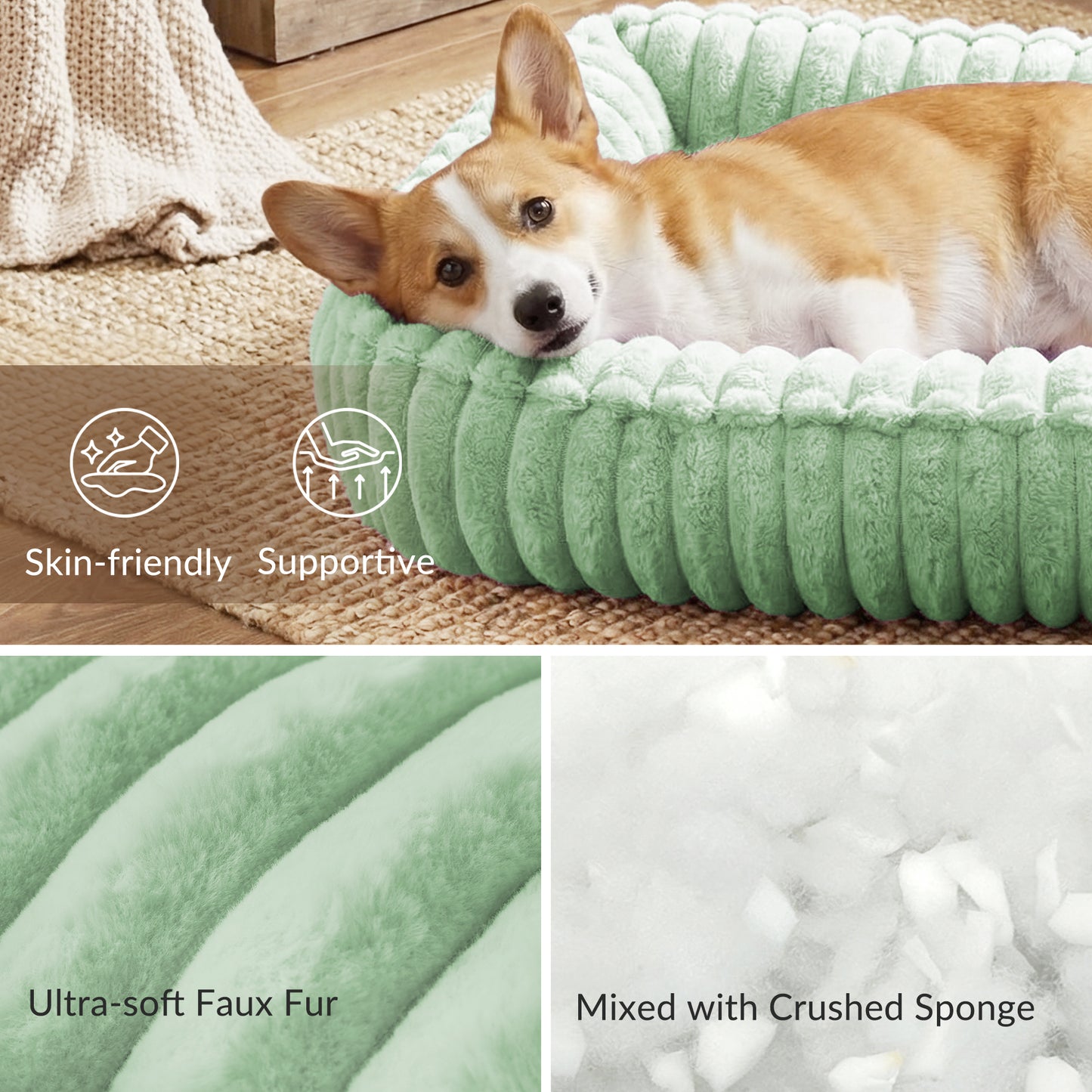 Exclusivo Mezcla Ribbed Plush Cuddler Dog Bed, 36"x28" Calming Pet Bed with Non-Slip Bottom for Large Dogs, Machine Washable, Green