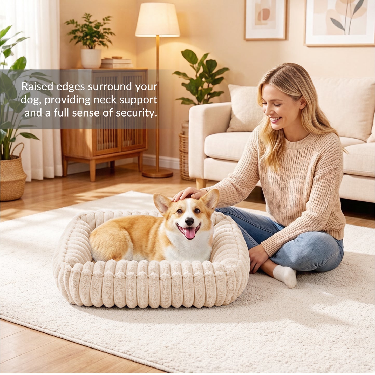 Exclusivo Mezcla Ribbed Plush Cuddler Dog Bed, 20"x16" Calming Pet Bed with Non-Slip Bottom for Small Dogs, Machine Washable, Apricot
