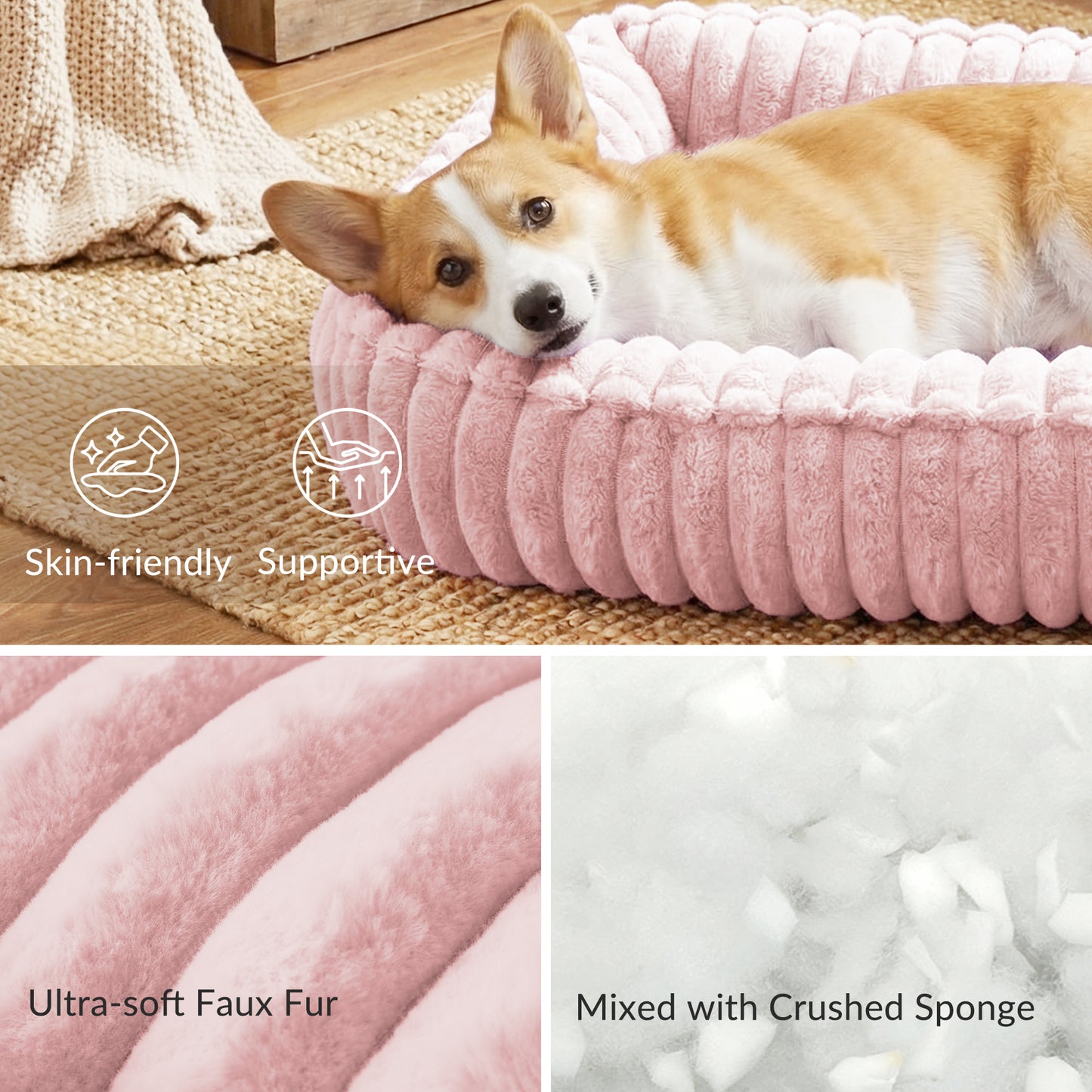 Exclusivo Mezcla Ribbed Plush Cuddler Dog Bed, 36"x28" Calming Pet Bed with Non-Slip Bottom for Large Dogs, Machine Washable, Pink