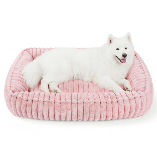 Exclusivo Mezcla Ribbed Plush Cuddler Dog Bed, 36"x28" Calming Pet Bed with Non-Slip Bottom for Large Dogs, Machine Washable, Pink