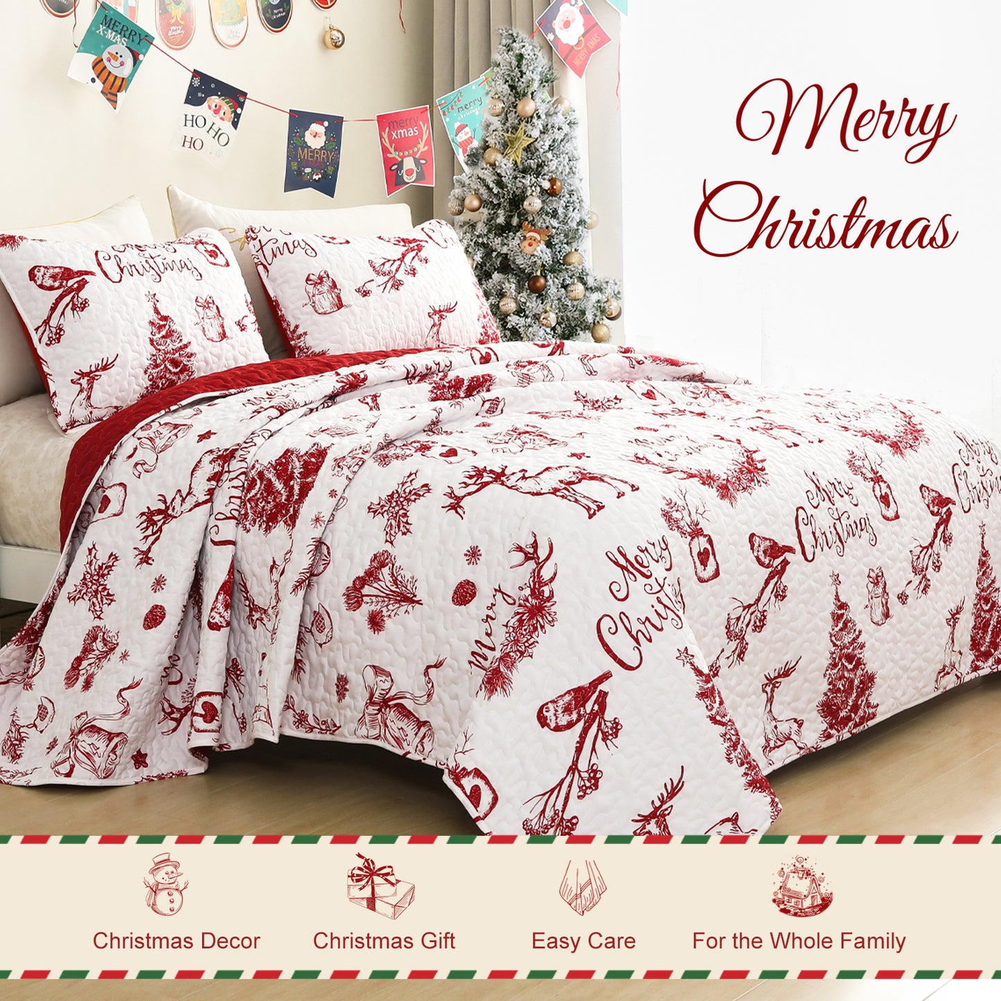 Exclusivo Mezcla Christmas Quilt Set King Size Bedding Set, Reversible White and Rust Red Bedspreads/ Coverlets with Christmas Trees Reindeer Wreaths Pattern, for Holiday Decoration and Gifts