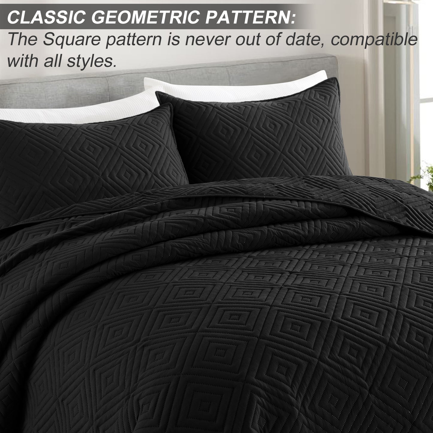 Exclusivo Mezcla 2-Piece Black Twin Size Quilt Set, Square Pattern Ultrasonic Lightweight and Soft Quilts/Bedspreads/Coverlets/Bedding Set (1 Quilt, 1 Pillow Sham) for All Seasons